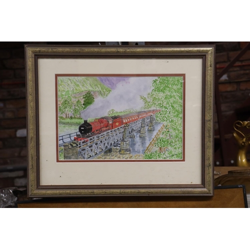 1032 - A 1949 WATERCOLOUR, 'RIVER CROSSING BY STEAM', SIGNED K M ARTHUR, 44CM X 36CM