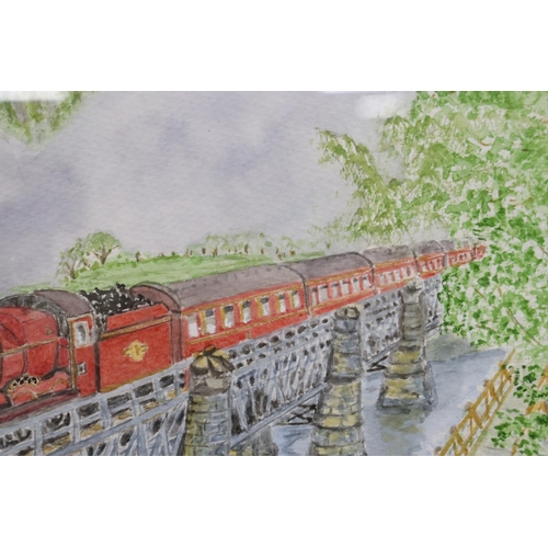 1032 - A 1949 WATERCOLOUR, 'RIVER CROSSING BY STEAM', SIGNED K M ARTHUR, 44CM X 36CM