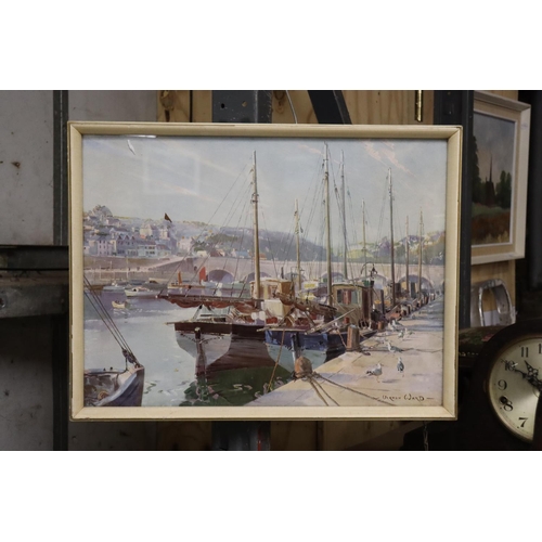 1037 - A VERNON WARD SIGNED PRINT, 'EVENING AT LOOE'