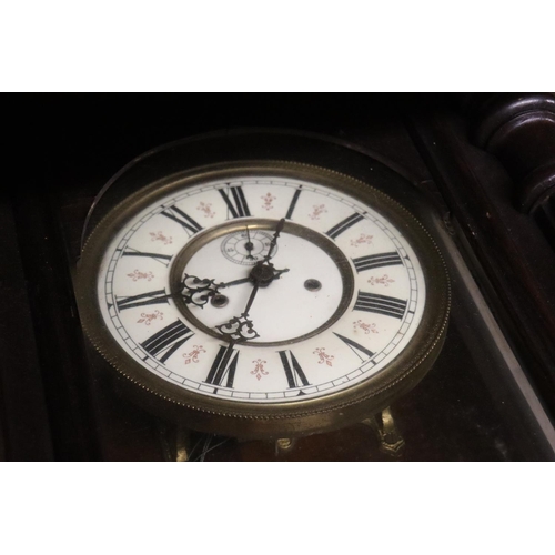 1056 - A WALL CASED PENDULUM WALL CLOCK, ENAMEL DIAL, ROMAN NUMERAL APPROX 81CM H X 37 W