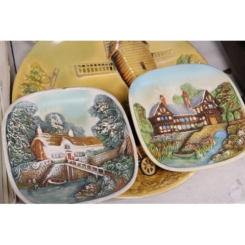 1059 - FIVE VINTAGE 3-D WALL PLAQUES TO INCLUDE COTTAGES, ETC