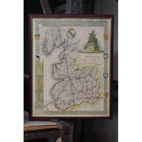 1067 - A FRAMED PRINT OF A MAP OF LANCASHIRE