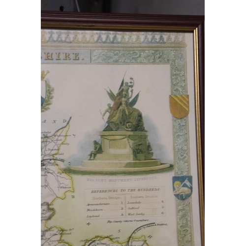 1067 - A FRAMED PRINT OF A MAP OF LANCASHIRE