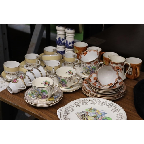 1185 - A MIXED LOT OF TEAWARE TO INCLUDE CUPS, SAUCERS, SIDE PLATES. CAKE PLATES, CREAM JUG SUGAR BOWL ETC