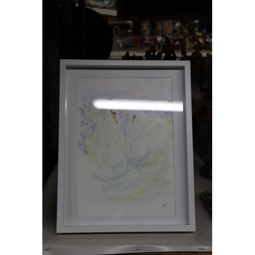 1195 - A SIGNED WATERCOLOUR OF TWO SWANS BY JEN