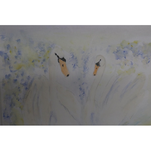 1195 - A SIGNED WATERCOLOUR OF TWO SWANS BY JEN