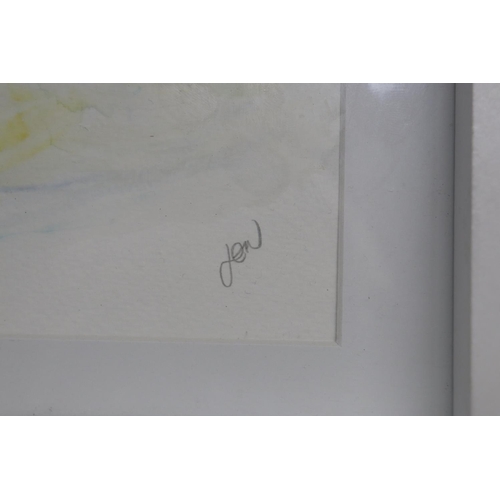 1195 - A SIGNED WATERCOLOUR OF TWO SWANS BY JEN