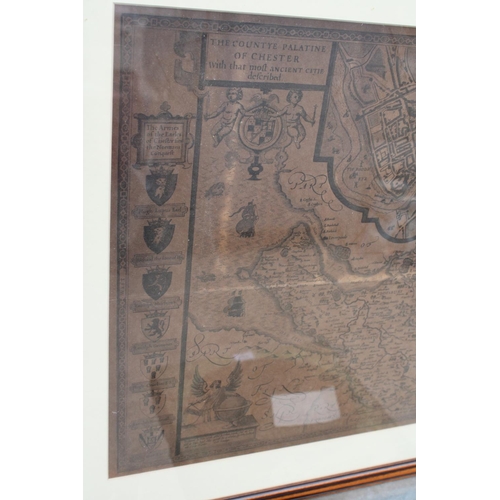 1528 - A FRAMED VINTAGE MAP OF 'THE COUNTYE PALATINE OF CHESTER'