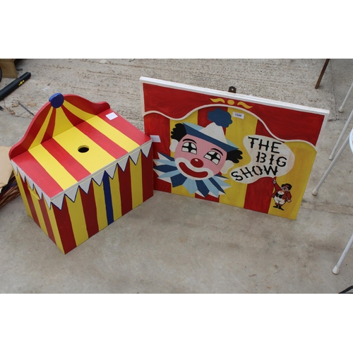 1546 - A WOODEN HAND PAINTED 'THE BIG SHOW' SIGN PLUS A HAND PAINTED WOODEN CIRCUS STYLE LIDDED BOX