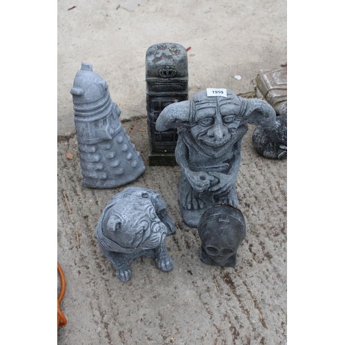 1959 - FIVE CONCRETE GARDEN FIGURES TO INCLUDE DOBBIE AND A DARLICK ETC