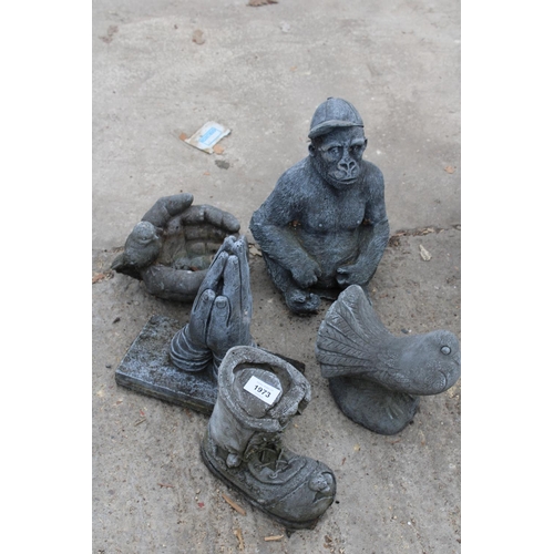 1973 - FIVE CONCRETE GARDEN FIGURES TO INCLUDE A GORILLA AND A PIGEON