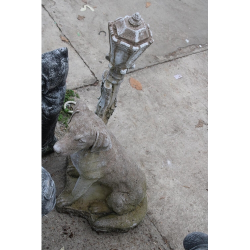 1976 - FIVE CONCRETE GARDEN FIGURES TO INCLUDE A DOG AND A LAMP POST ETC