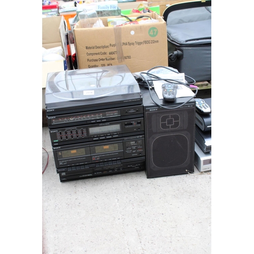 2379 - AN ASSORTMENT OF ITEMS TO INCLUDE A SONY STEREO, A DVD PLAYER AND TWO SKY BOXES ETC