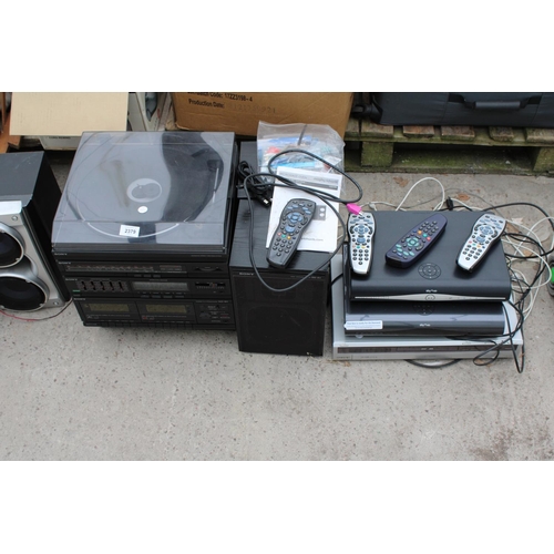 2379 - AN ASSORTMENT OF ITEMS TO INCLUDE A SONY STEREO, A DVD PLAYER AND TWO SKY BOXES ETC