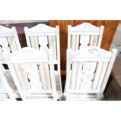 2580 - A SET OF SIX SHABBY CHIC DINING CHAIRS WITH RUSH SEATS AND BACKS