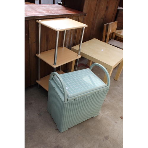 2677 - A LLOYD LOOM BOX STOOL, LAMP TABLE AND 3 TIER OPEN DISPLAY UNIT