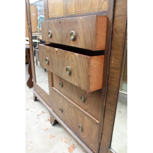 2718 - AN EDWARDIAN MAHOGANY DOUBLE MIRROR-DOOR WARDROBE ENCLOSING CUPBOARDS AND FOUR GRADUATED DRAWERS, 74... 