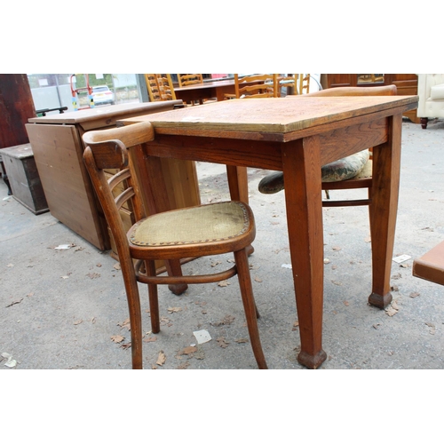 2793 - AN OAK FOLD OVER WORK TABLE AND A PAIR OF BENTWOOD CHAIRS