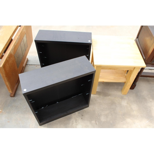 2853 - A MODERN TWO TIER LAMP TABLE AND PAIR OF BLACK SHELVING UNITS