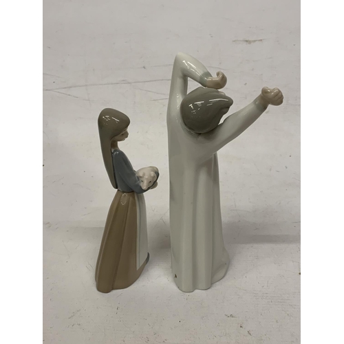 727 - TWO LLADRO FIGURES - BOY YAWNING IN A NIGHTGOWN AND A GIRL HOLDING A PIG