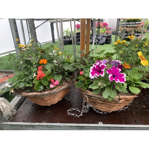 78 - TWO WICKER HANGING BASKETS WITH MIXED BEDDING AND TRAILING PLANTS TO INCLUDE PETUNIA, MARIGOLD, GERA... 