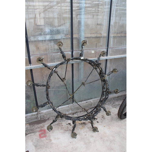 1502 - A LARGE HEAVY WROUGHT IRON 12 BRANCH CEILING LIGHT FITTING WITH HANGING BARS (D:146CM)