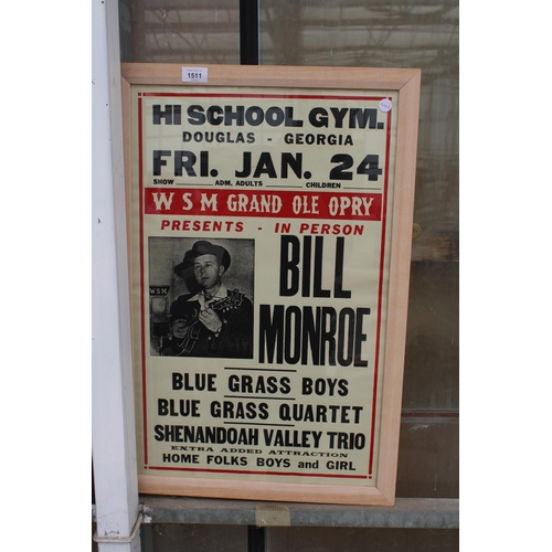 1511 - A WOODEN FRAMED BILL MONROE POSTER