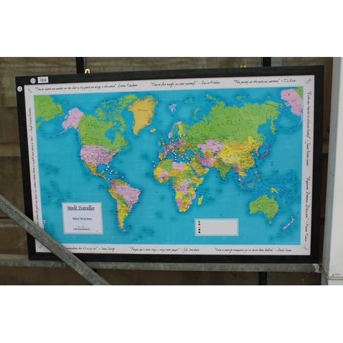 1512 - A LARGE FRAMED WORLD MAP PIN BOARD