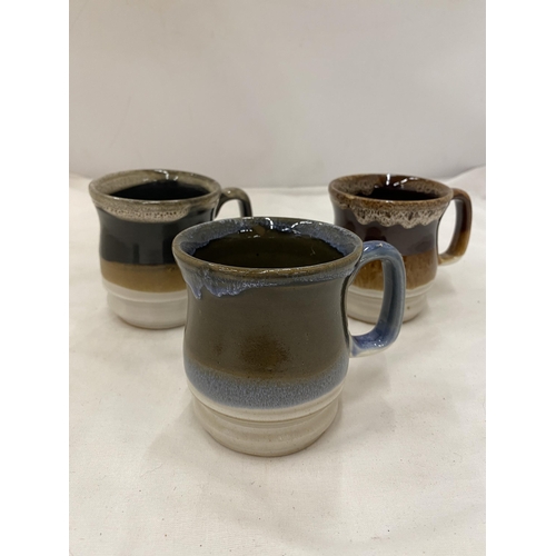 140 - A QUANTITY OF POTTERY TO INCLUDE DRIP GLAZE STUDIO POTTERY MUGS, LARGE TWIN HANDLED GLAZED CRACKLE V... 