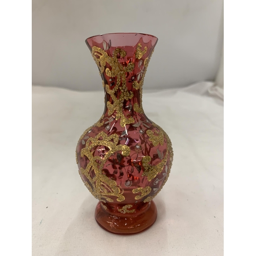 154 - A STOURBRIDGE, RED, GILT GLASS VASE, HEIGHT 11.5CM