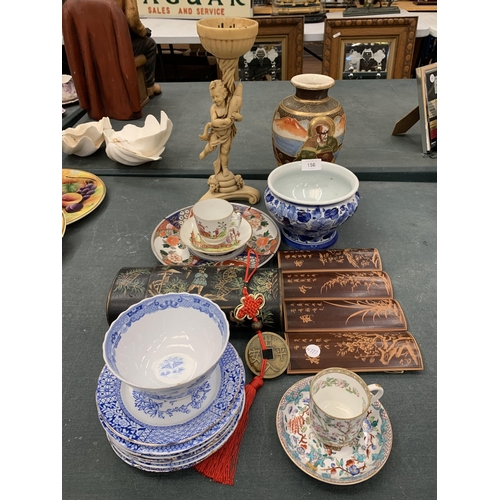 156 - A COLLECTION OF ORIENTAL ITEMS TO INCLUDE A VASE, BOWLS AND PLATES, CUPS AND SAUCERS, A METAL BOWX, ... 