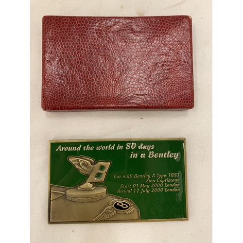 158 - A BOXED BENTLEY PLAQUE, 11CM X 6CM