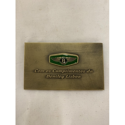 158 - A BOXED BENTLEY PLAQUE, 11CM X 6CM