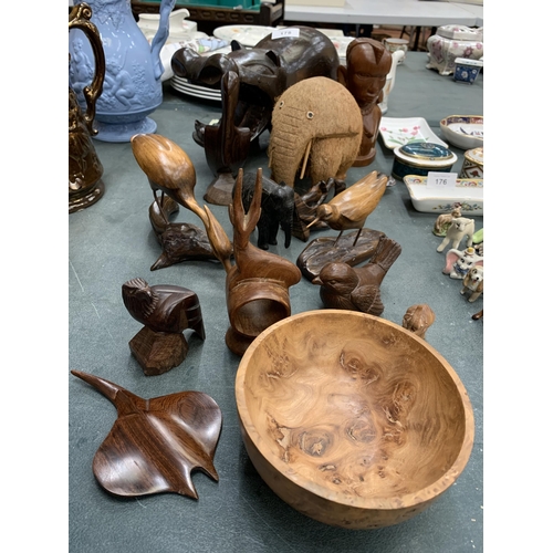 178 - A QUANTITY OF CARVED TREEN ITEMS TO INCLUDE A LARGE HIPPOPOTAMUS, ELEPHANTS, BIRDS, ETC