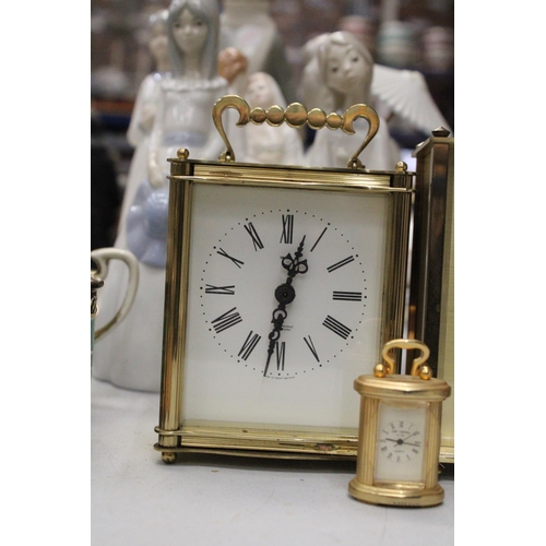 191 - TWO BRASS CARRIAGE CLOCKS PLUS A MINIATURE CARRIAGE CLOCK