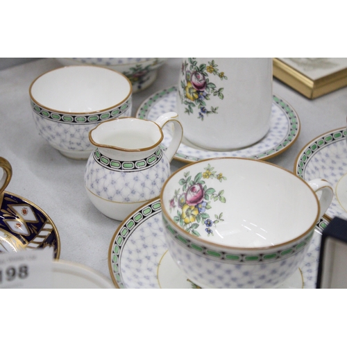 196 - A MINTON'S 'SALISBURY' PART TEASET TO INCLUDE A TEAPOT, PEWTER LIDDED MILK JUG, SUGAR BOWL, CREAM JU... 