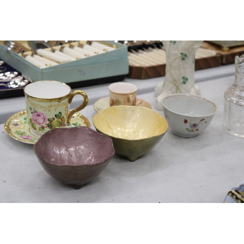 211 - A ROYAL WORCESTER, SAMUEL ASTLES, 'ENGLISH FLOWERS' CUP SND SAUCER, BELLEEK TREE STUMP VASE, LUSTRE ... 