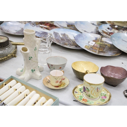 211 - A ROYAL WORCESTER, SAMUEL ASTLES, 'ENGLISH FLOWERS' CUP SND SAUCER, BELLEEK TREE STUMP VASE, LUSTRE ... 