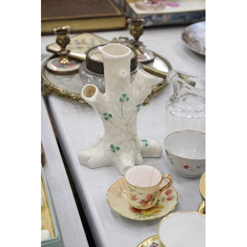 211 - A ROYAL WORCESTER, SAMUEL ASTLES, 'ENGLISH FLOWERS' CUP SND SAUCER, BELLEEK TREE STUMP VASE, LUSTRE ... 