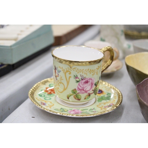 211 - A ROYAL WORCESTER, SAMUEL ASTLES, 'ENGLISH FLOWERS' CUP SND SAUCER, BELLEEK TREE STUMP VASE, LUSTRE ... 