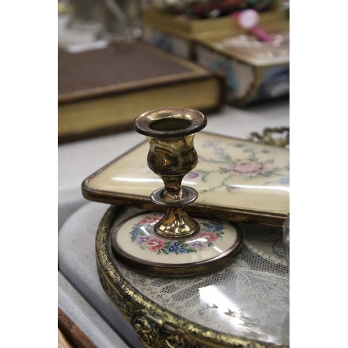 212 - A VINTAGE 'PETIT-POINT' DRESSING TABLE SET TO INCLUDE, CANDLESTICKS, A HAND MIRROR, LIDDED TRINKET J... 