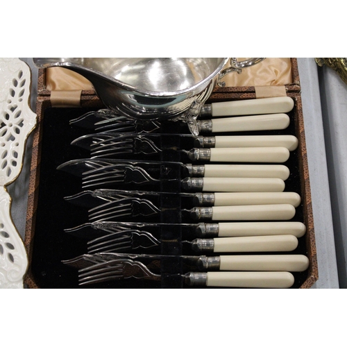 213 - THREE VINTAGE BOXED SETS OF FLATWARE, A WALKER AND HALL STAINLESS STEEL JUG AND A GLASS CONDIMENT SE... 