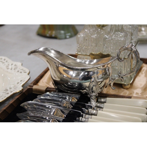 213 - THREE VINTAGE BOXED SETS OF FLATWARE, A WALKER AND HALL STAINLESS STEEL JUG AND A GLASS CONDIMENT SE... 