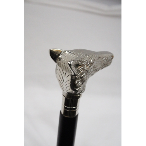 216 - A WALKING STICK WITH A CHROME WOLF HANDLE