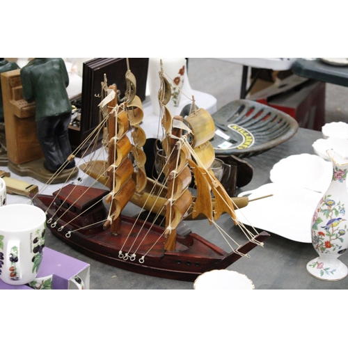 231 - TWO MODELS OF SHIPS TO INCLUDE ONE WOODEN AND ONE HORN