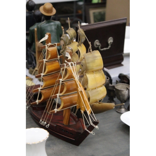 231 - TWO MODELS OF SHIPS TO INCLUDE ONE WOODEN AND ONE HORN