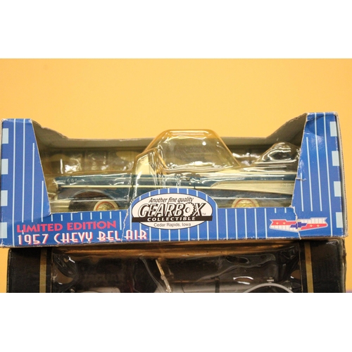 267 - THREE VINTAGE BOXED TOY CARS TO INCLUDE A LIMITED EDITION 1947 CHEVY BEL AIR, JAGUAR AND A ALFA ROME... 