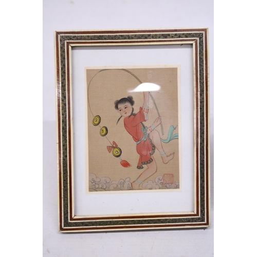 407 - A  CHINESE SILK FRAMED MINIATURE AND A CHINESE CERAMIC FIGURE