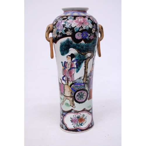 410 - A LARGE POLYCHROME ENAMEL HAND PAINTED CHINESE VASE WITH ELEPHANT HANDLE