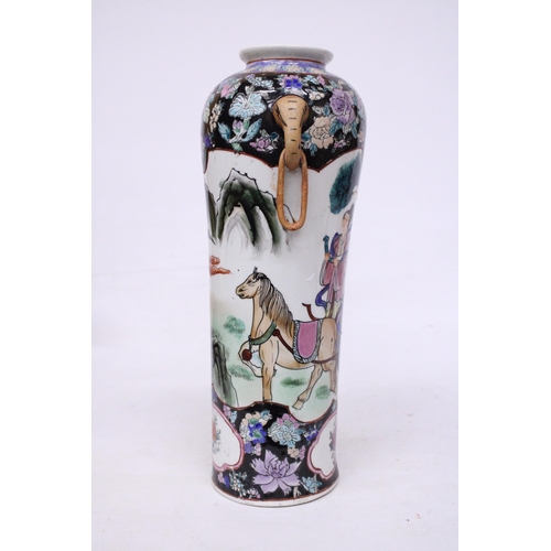 410 - A LARGE POLYCHROME ENAMEL HAND PAINTED CHINESE VASE WITH ELEPHANT HANDLE